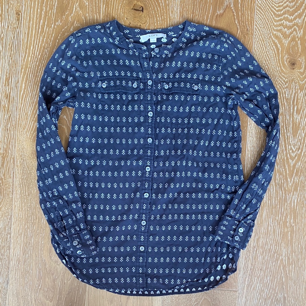 LOFT Dark Blue Floral Button-Up Blouse
